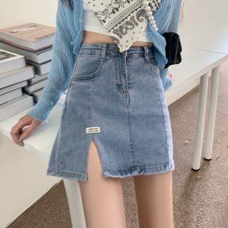 Slit A-line Mini Denim Skirt
