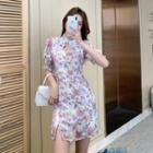 Short-sleeve Floral Print Mini Bodycon Qipao Dress