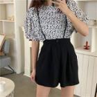 Puff-sleeve Floral Print Top / Suspender Dress Shorts