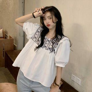 Puff-sleeve Floral Print Panel Blouse White - One Size