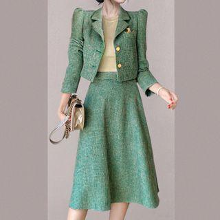 Set: Tweed Button Jacket + Midi A-line Skirt