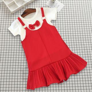 Set Of Two: Short Sleeve Bow Plain Top + Spaghetti-strap Pleated Dress