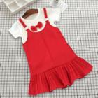 Set Of Two: Short Sleeve Bow Plain Top + Spaghetti-strap Pleated Dress