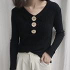 Collared Button Accent Long-sleeve Knit Top
