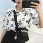 Elbow-sleeve Chinese Character Print Shirt White - One Size