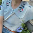 Short-sleeve Flower Embroidered Collared Knit Top