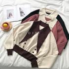 Color-block Double-breasted Lace-up Long-sleeve Sweater