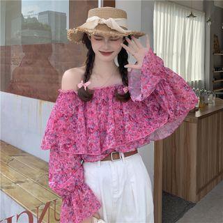 Off Shoulder Floral Blouse Floral - Rose Pink - One Size