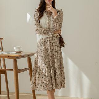 Set: Vest + Frilled-collar Long Floral Dress