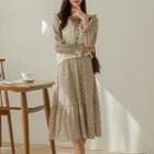 Set: Vest + Frilled-collar Long Floral Dress