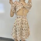 Short-sleeve Lace Trim Open-back Floral Mini A-line Dress