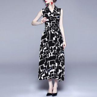 Sleeveless Tie-waist Geometric Print Midi A-line Dress