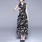 Sleeveless Tie-waist Geometric Print Midi A-line Dress