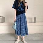 Short-sleeve Printed T-shirt / Leopard Print Midi A-line Skirt