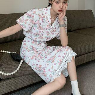 Short-sleeve Floral Printed Shirt/ Slim-fit Lace-trim Skirt