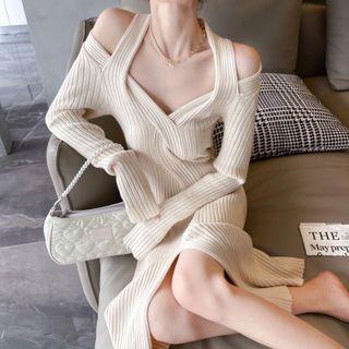 Long-sleeve Cold Shoulder Twist Knit Midi A-line Dress
