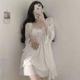 Lace Panel Chiffon Jacket / Spaghetti Strap Mini A-line Dress