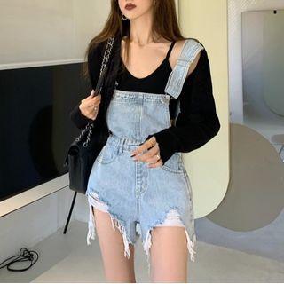 Distressed Denim Jumper Shorts / Cropped Cardigan