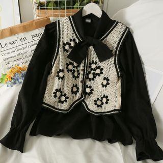 Set: Embroidered Button-up Vest + Ribbon-neckline Loose Shirt