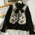 Set: Embroidered Button-up Vest + Ribbon-neckline Loose Shirt