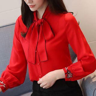 Contrast Trim Embroidered Blouse