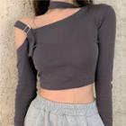 Long-sleeve Cold Shoulder Crop Top Gray - One Size