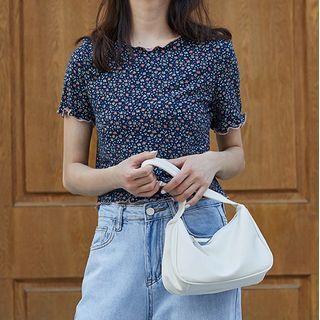 Floral Print Lettuce Edge Short-sleeve Cropped Top