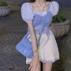 Puff-sleeve Plain Halter Blouse + Plain Lace Trim Camisole / High-waist Lace Trim Skirt