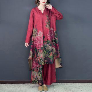 Traditional Chinese Set: Long-sleeve Floral Top + Pants