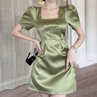 Puff-sleeve Wet-look A-line Dress