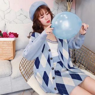 Set: V-neck Argyle Cardigan + Mini Knit Skirt