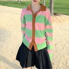 Collared Striped Knit Top / High-waist A-line Mini Skirt