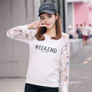 Floral Print Lace Sleeve Lettering Sweatshirt
