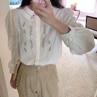 Long-sleeve Floral Embroidered Blouse Light Almond - One Size
