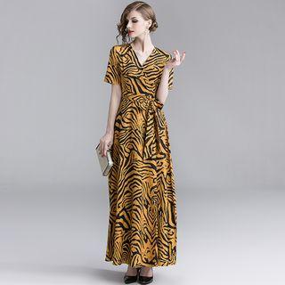 Short-sleeve Tiger Print A-line Maxi Dress