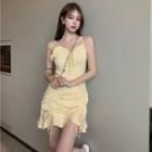 Spaghetti Strap Lace Up Drawstring Mini A-line Dress / Lace Jacket