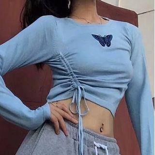 Butterfly Embroidered Drawstring Knit Top