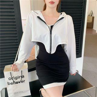 Contrast Trim Zip-up Hooded Jacket / Button-up Two-tone Sleeveless Bodycon Dress