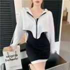 Contrast Trim Zip-up Hooded Jacket / Button-up Two-tone Sleeveless Bodycon Dress
