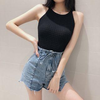 Knitted Camisole Top / High-waist Drawstring Denim Shorts