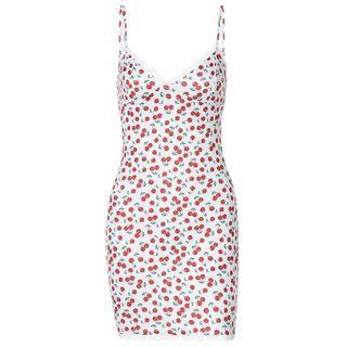 Spaghetti Strap Cherry Print Lace Trim Mini A-line Dress