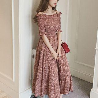 Elbow-sleeve Ditsy Cold-shoulder A-line Midi Dress