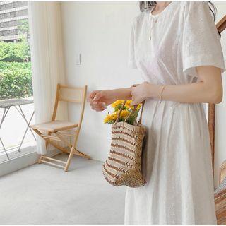Short-sleeve Perforated Floral A-line Midi Dress