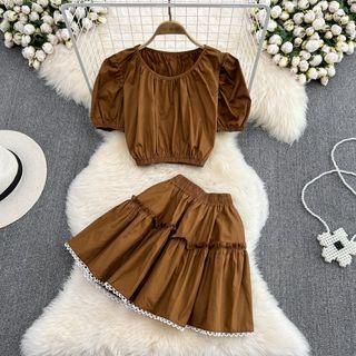 Set: Puff Sleeve Crop Shirt + High Waist Tiered Mini Skirt