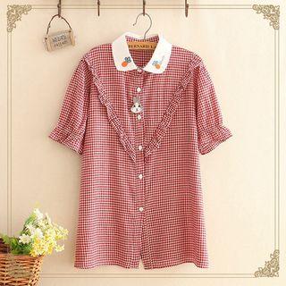Short-sleeve Rabbit Embroidery Plaid Shirt