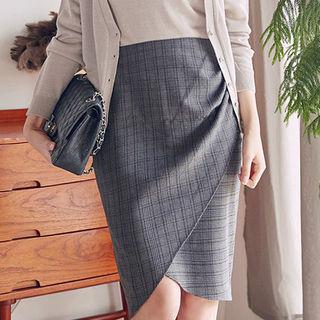 Wrap-front Glen-plaid Pencil Skirt