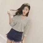 3/4 Sleeve V-neck Striped Blouse