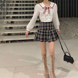 Long-sleeve Chiffon Sailor-collar Double-breasted Shirt / Plaid Skort