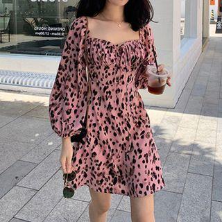 Balloon-sleeve Leopard Print Mini A-line Dress