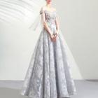 Elbow-sleeve Lace Ball Gown